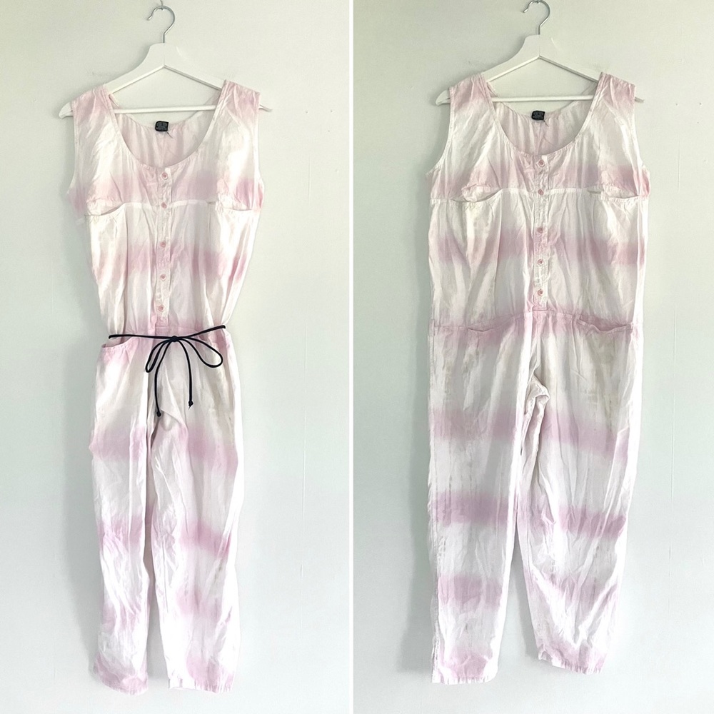 Vintage 80’s cotton pastel tie dye jumpsuit romper pale pink tan & white